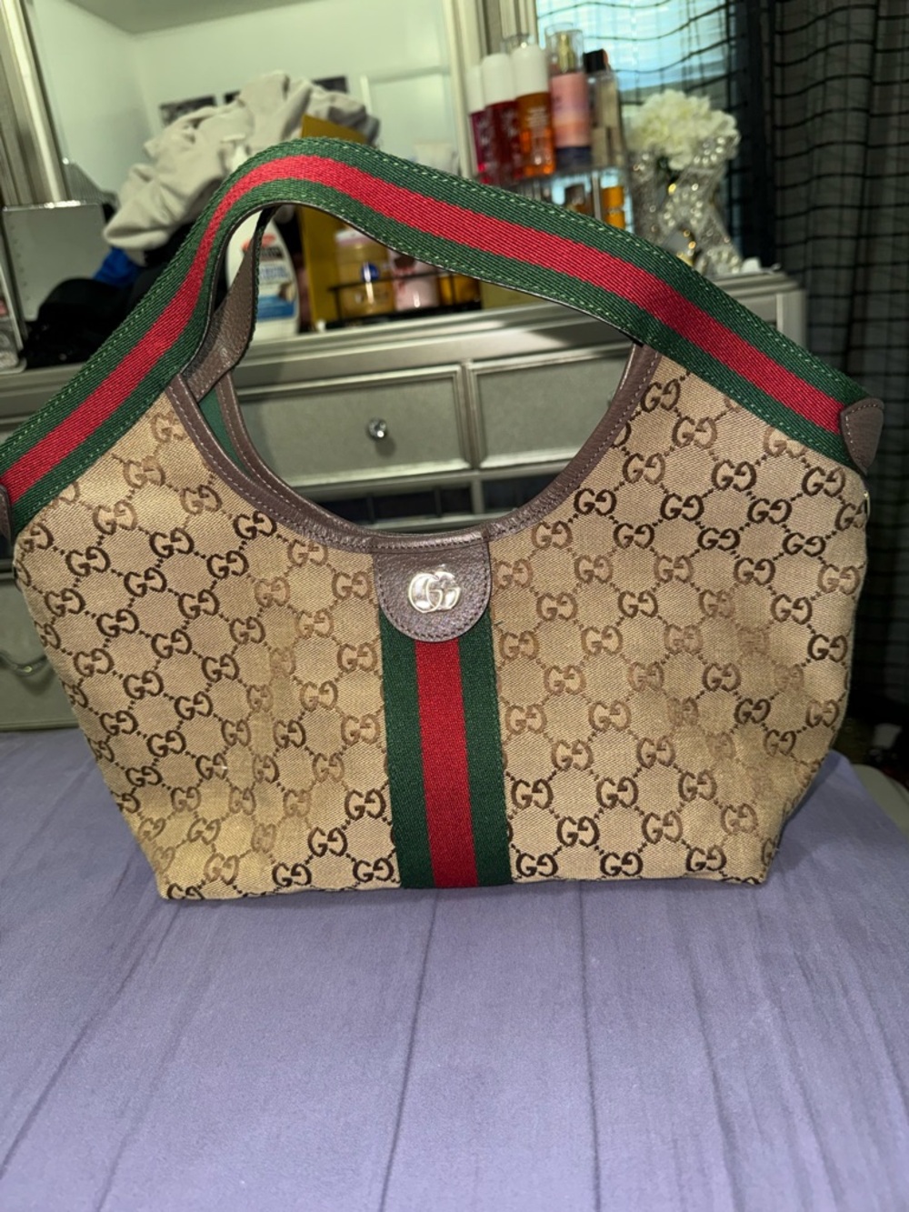 Gucci Brown GG Canvas Shoulder Bag with Green & Red Web Stripe
